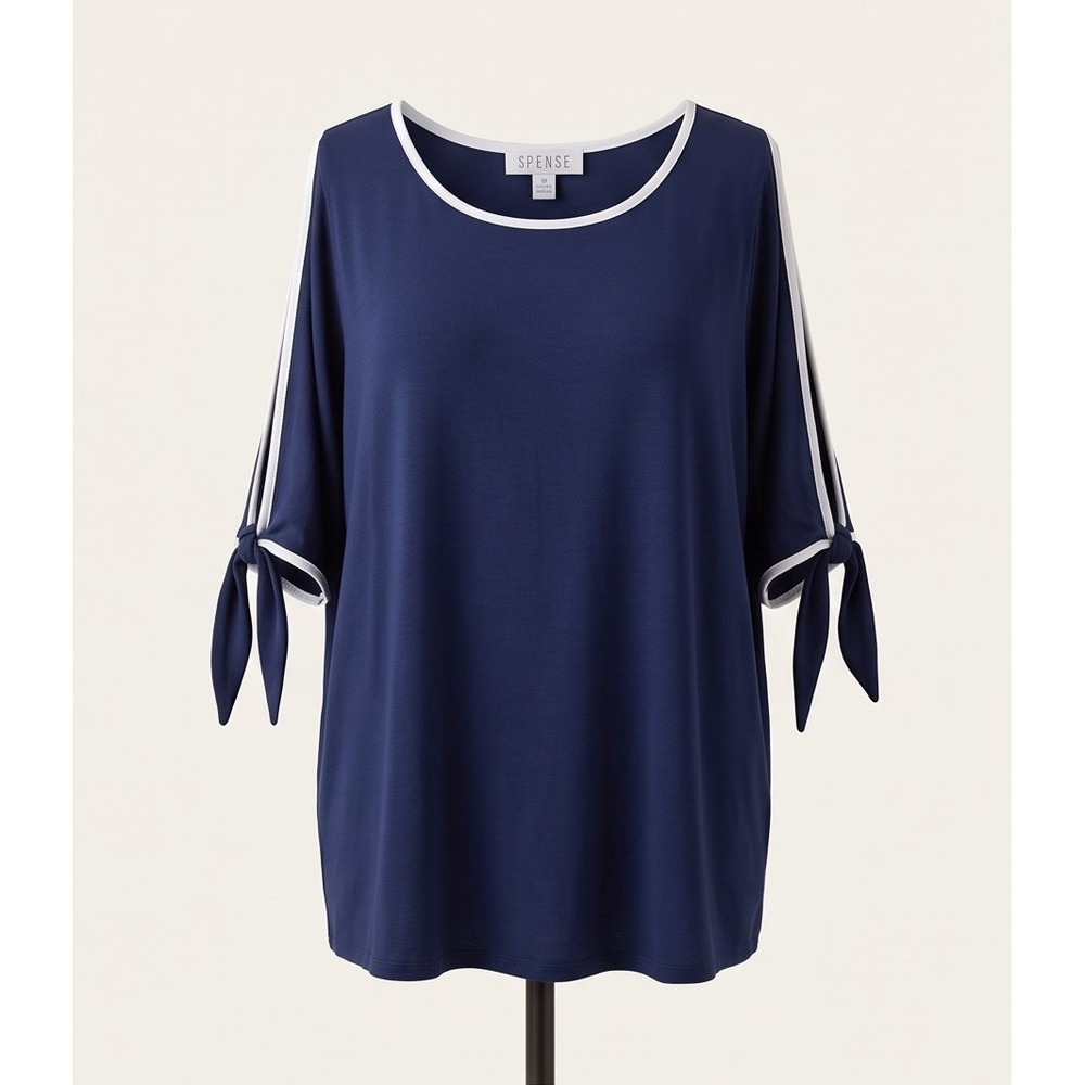 Spense Woman Navy White‎ Contrast Trim Tie Sleeve Scoop Neck Top Plus 3XL